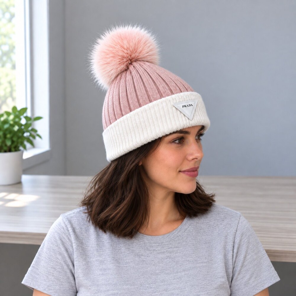 Prada Pink White Pom Pom Knit Beanie - Picture 3 of 6